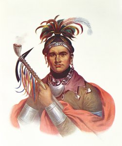 की-ऑन-ट्वॉग-क्यू या &39;शिकायतकर्ता&39;, सेनेका प्रमुख, 1796, &39;द इंडियन ट्राइब्स ऑफ़ नॉर्थ अमेरिका&39; से चित्रण। Vol.1 &39;, थॉमस एल मैककेनी और जेम्स हॉल, पब द्वारा। जॉन ग्रांट (रंग लिथो) द्वारा